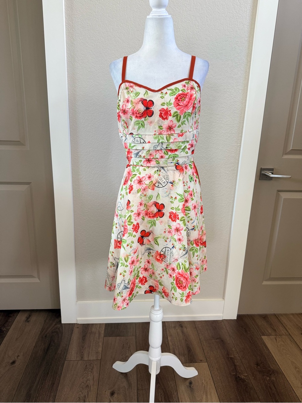 Unique Vintage Cream Floral Mini Dress with orange Trim